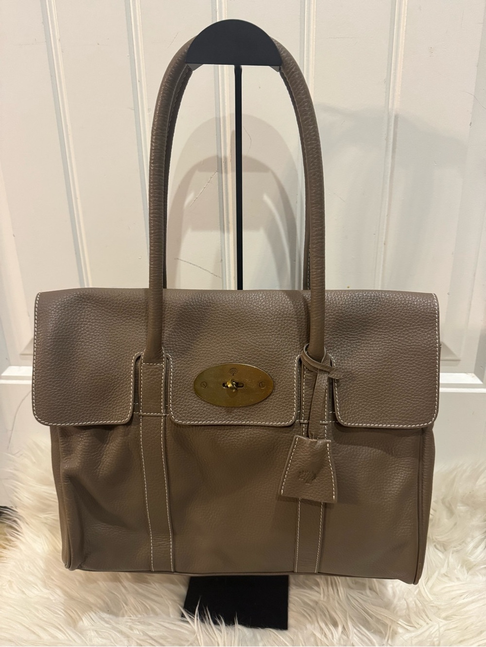 Mulberry Taupe Leather Tote Handbag with Top Handles